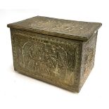 A brass and wood coffer, the sides decorated in relief with medieval scenes, 46.5cmW