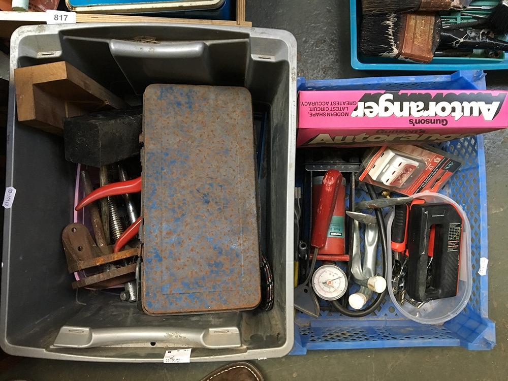 Two boxes of tool including a socket set, foot pump, vice, and various other tools