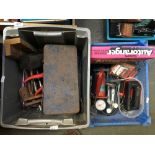 Two boxes of tool including a socket set, foot pump, vice, and various other tools