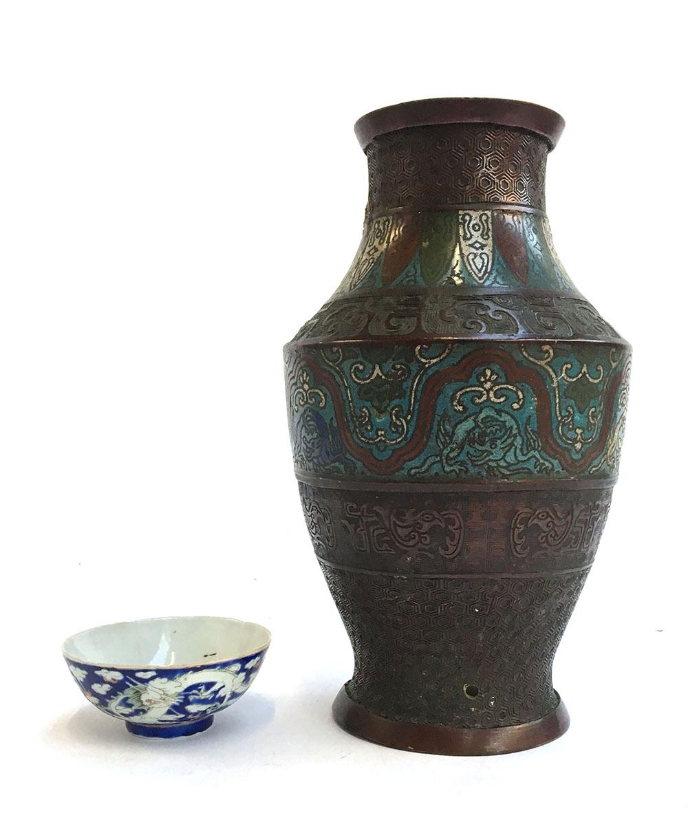 A cloisonné lamp base, 31cmH, together with a small Chinese bowl decorated with clouds and