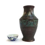 A cloisonné lamp base, 31cmH, together with a small Chinese bowl decorated with clouds and