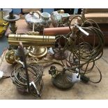 A number of brass and gilt metal light fittings, to include two library style desk lamps