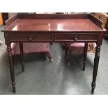 A mahogany three-quarter gallery desk, two blind drawers, on turned legs, 98cmW