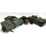 A selection of large plastic military vehicle models, to include a motorcycle and sidecar, wagon,