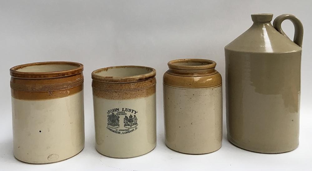 Three stoneware storage jars, to include Doulton Lambeth, one marked 'John Lusty, Turtle Merchant,