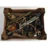 A mixed lot of interesting things, mainly brass, to include scissor action snuffers; door plates;