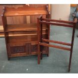 An oak stick stand; small mahogany towel rail; and small bookshelf of two shelves (3)