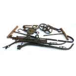 A mixed lot of ironmongery to include pot hanger; shears; Salter spring balance; trap; carthorse