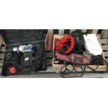A box containing jump leads, G clamps; Power Devil sander; and a Energer 850W rotary hammer, boxed