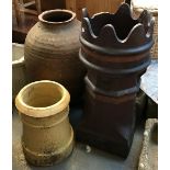 A crown top chimney pot in brown glaze, 76cmH, together with one other (2)
