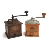 A 19th century French (?) hand turned coffee grinder; together with one other 20th century marked