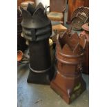 Two crown top chimney pots, the black glaze pot 104cmH, the brown glaze 75cmH