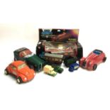 A Tonka VW Beetle Twinkle Toes; together with metal car storage tins, two Lledo car models, a