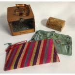 Striped clutch purse (made in Madagascar), wooden box marked Cubanitos (made in Dominican