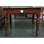 A 19th century stained pine table, single frieze drawer with large ceramic knob, 91x62x75cmH