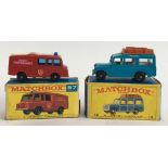 Two Matchbox cars, blue Safari Land Rover 12, in original box; together with Land Rover Fire