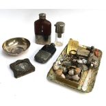 A mixed lot to include silver photo frame and pin dish, thimbles, hips flasks, and other items