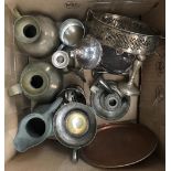 A mixed lot of metal plated items; to include various sizes of spill vase; two brass ewers; coffee