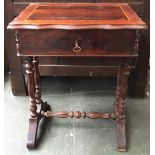 A mahogany sewing box, with key and removable tray, stands 68cmH