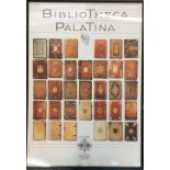 A framed poster 'Bibliotheca Palatina Universitat Heidelberg', depicting 33 books from the