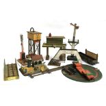 A selection of model railway buildings and metal structures, to include turntable, 'Taunton' bridge,