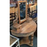 A pine demilune dressing table, with adjustable dressing mirror, 90cmW
