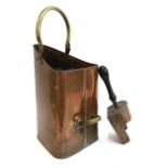 A 19th century sheet copper coal scuttle of triangular form, with brass handles; together with a