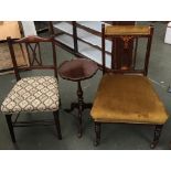 Three marquetry occasional chairs with upholstered seats; together with a small pie crust tripod