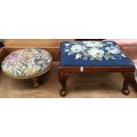 A small embroidered footstool, 38cmW, together with one other circular, 29cmD