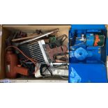 A wooden drawer of various tools to include electric drill, saw, Calorgas camping stove, etc