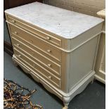 A painted pine bedroom chest of drawers with marble top and four drawers below, 105cm