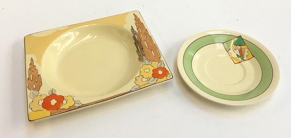 A Clarice Cliff Bizarre 1930s Capri pattern large rectangular bowl, and a Fantastique Stroud pattern