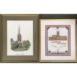 A pair of framed cross stitch pictures, Gloucester Cathedral, 16.5x20cm, and Salisbury Cathedral,