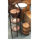 A brass wash stand with enamel bowl; together with two collapsible cake stands