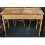 A 1960s oak double school desk, 110cmW