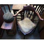 A dropleaf oak occasional table; ebonised circular footstool with bead embroidered; and mahogany