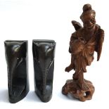 A pair of Vintage Lignum Vitae Elephant Bookends, together with a wooden carving of a Chinese old