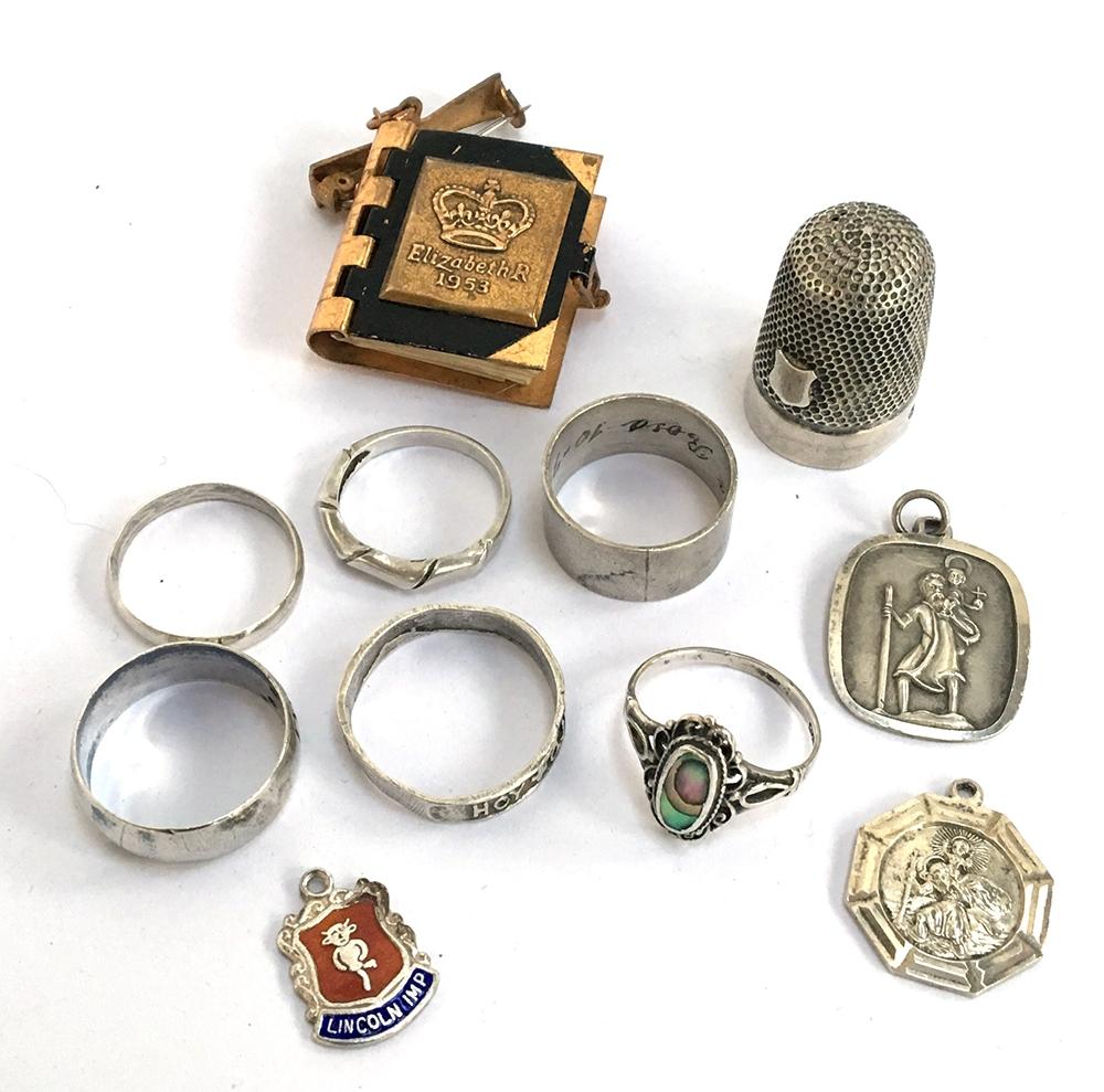Six silver rings, two silver St Christophers, silver thimble, etc - Image 2 of 2