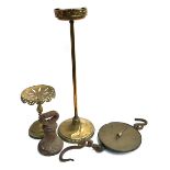 A brass ashtray on stand, 70cmH; together with a Salter's trade spring balance; a large bell weight;