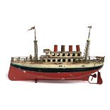 Carette style tinplate clockwork four funnel Ocean Liner, early 20th century, the hull painted in
