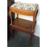 An oak piano stool with drop in top on cabriole legs, together with a mahogany baby bath stool