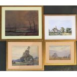 V.I. Hull, three watercolour landscapes, 17x26cm, 23.5x32cm, 31.5x41cm; and a watercolour scene of a
