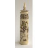 A ivory style bakelite scent bottle, hand painted with hunt scenes, 8.5cmH