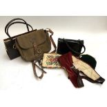 A number of ladies handbags and purses to include a Mulberry handbag, and a red velvet cummerbund