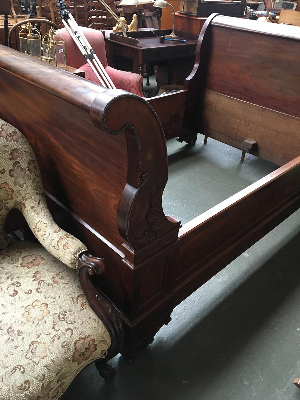 A 19th century mahogany French sleigh bed, the front with carved floral decoration and bead - Image 3 of 3