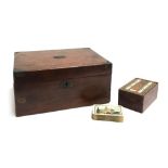 A 19th century writing box with brass corners and vacant plaque; together with a bone cribbage