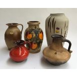 Two West German studio pottery jugs, and three large vases