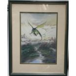 Fantasy art, Heather M. Donnai, 'Dragon Flight', watercolour, bears label on reverse for Oldwhych