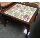 A 19th century oak coffee table, glass top with needlework of flowers, on cabriole legs, 58x58x38cmH