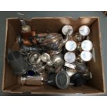 A large mixed box of EPNS plated items, to include various goblets, teapot, etc